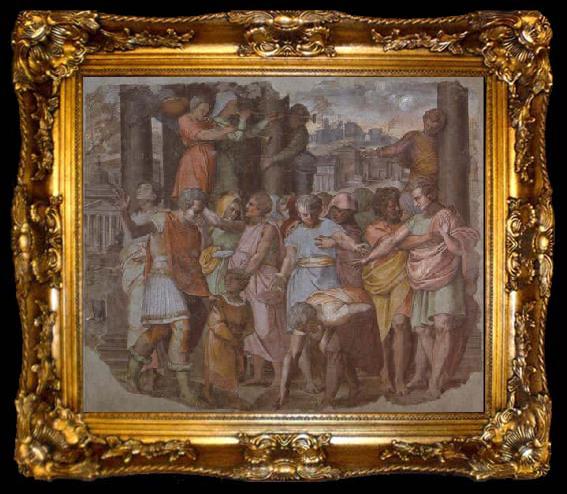 framed  Perino Del Vaga Tarquinius Superbus Founds the Temple of Jove on the Capitol, from Palazzo Baldassini, now in the Uffizi, Florence, ta009-2